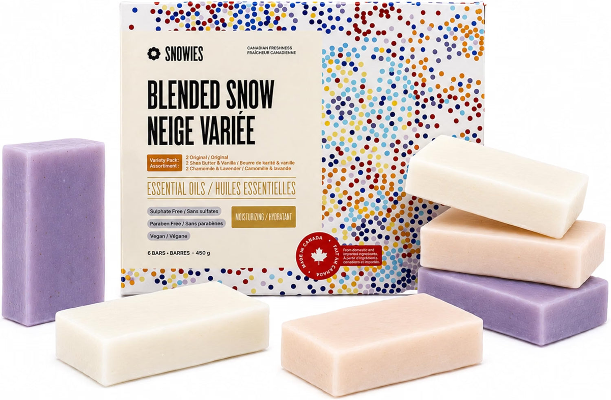 Snowies Blended Snow Bar Soap Original, Shea Butter & Vanilla, Chamomile & Lavender 6 x 75g
