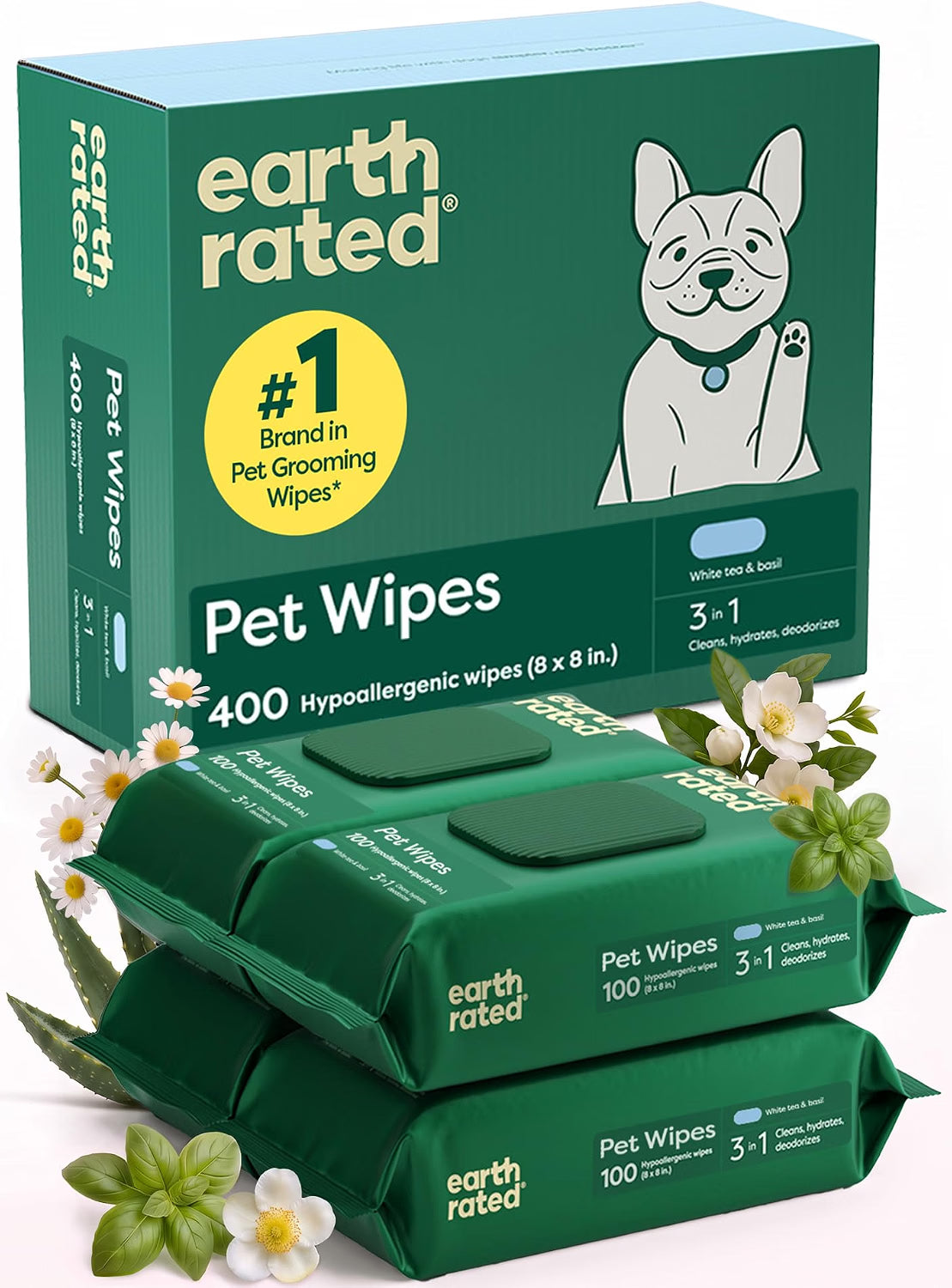Earth Rated Pet Wipes for Dogs and Cats White Tea and Basil Scent 400 ct