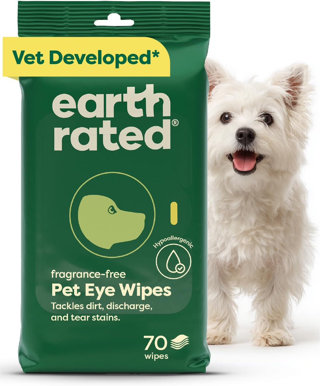 Earth Rated Vet-Developed Pet Eye Wipes Unscented 70 ct