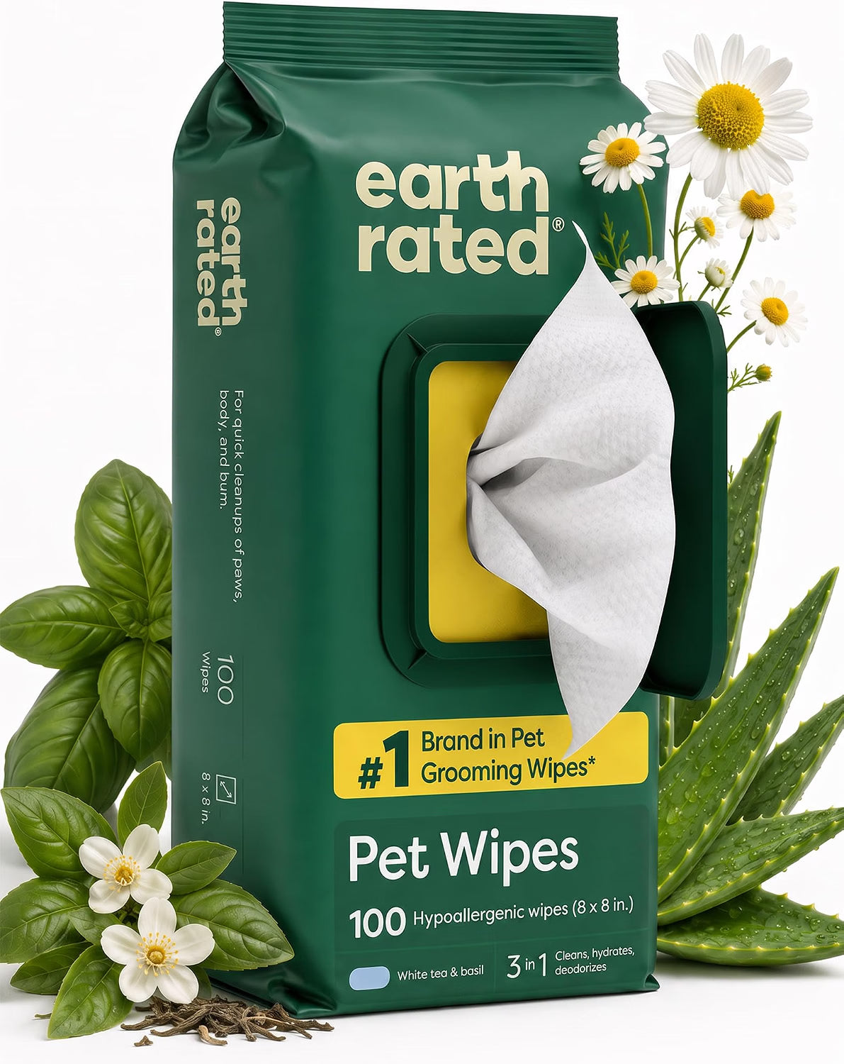 Earth Rated Pet Wipes for Dogs and Cats White Tea and Basil Scent 100 ct